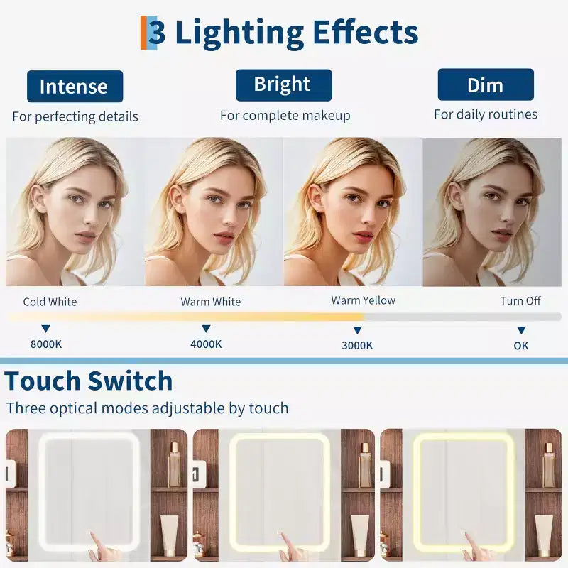Scrivania da trucco con specchio e 3 modalità di illuminazione - Toeletta in legno con piano in vetro, presa di corrente e 2 cassetti per la camera da letto