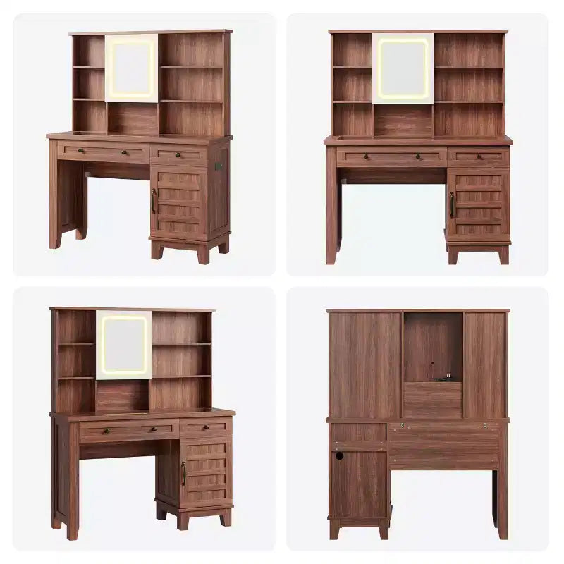 Scrivania da trucco con specchio e 3 modalità di illuminazione - Toeletta in legno con piano in vetro, presa di corrente e 2 cassetti per la camera da letto