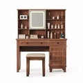 Makeup Vanity Desk with Mirror & 3-Light Modes - Wooden Dressing Table with Glass Top, Power Outlet & 2 Drawers for Bedroom