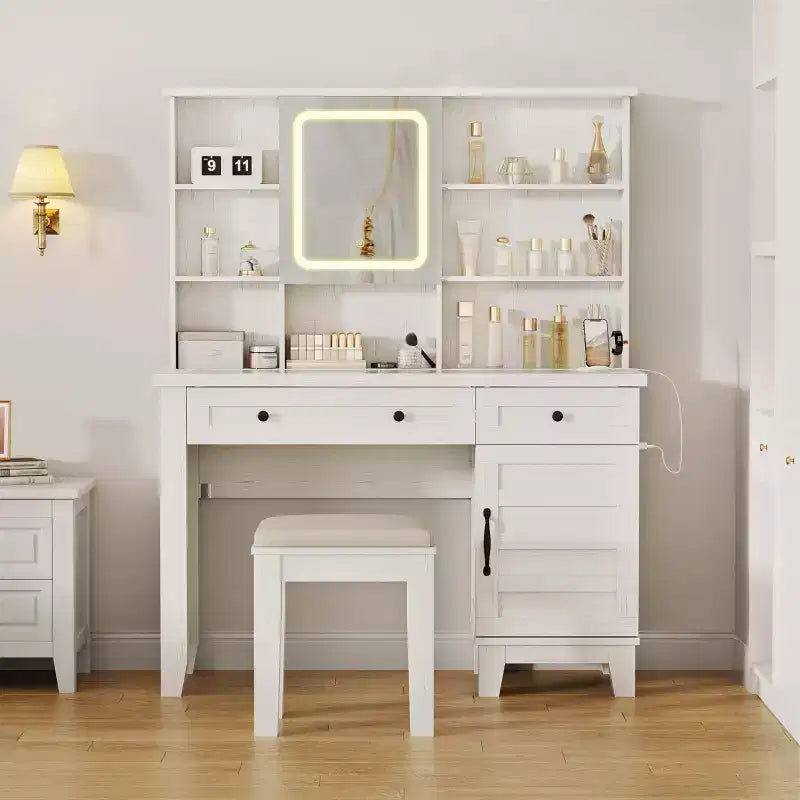 Scrivania da trucco con specchio e 3 modalità di illuminazione - Toeletta in legno con piano in vetro, presa di corrente e 2 cassetti per la camera da letto