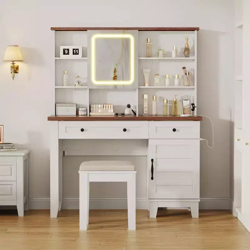 Scrivania da trucco con specchio e 3 modalità di illuminazione - Toeletta in legno con piano in vetro, presa di corrente e 2 cassetti per la camera da letto