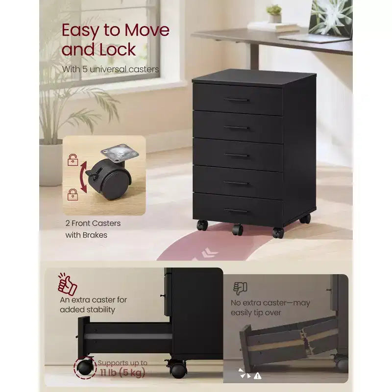 Cassettiera con rotelle, classificatore mobile con rotelle, supporto per stampante con 5 cassetti, guide scorrevoli senza attrezzi