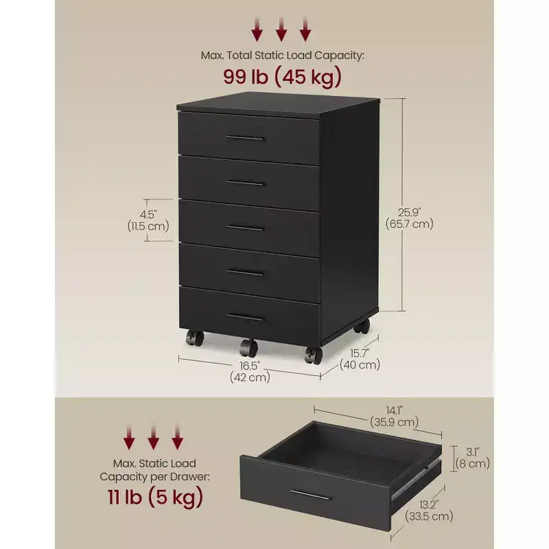 Cassettiera con rotelle, classificatore mobile con rotelle, supporto per stampante con 5 cassetti, guide scorrevoli senza attrezzi