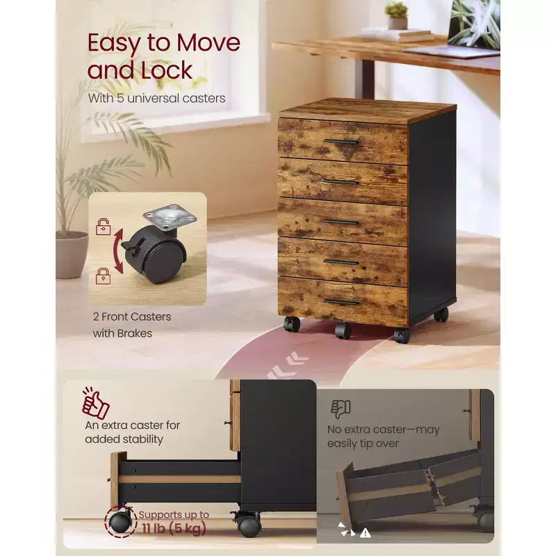 Cassettiera con rotelle, classificatore mobile con rotelle, supporto per stampante con 5 cassetti, guide scorrevoli senza attrezzi