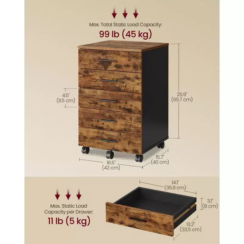 Cassettiera con rotelle, classificatore mobile con rotelle, supporto per stampante con 5 cassetti, guide scorrevoli senza attrezzi