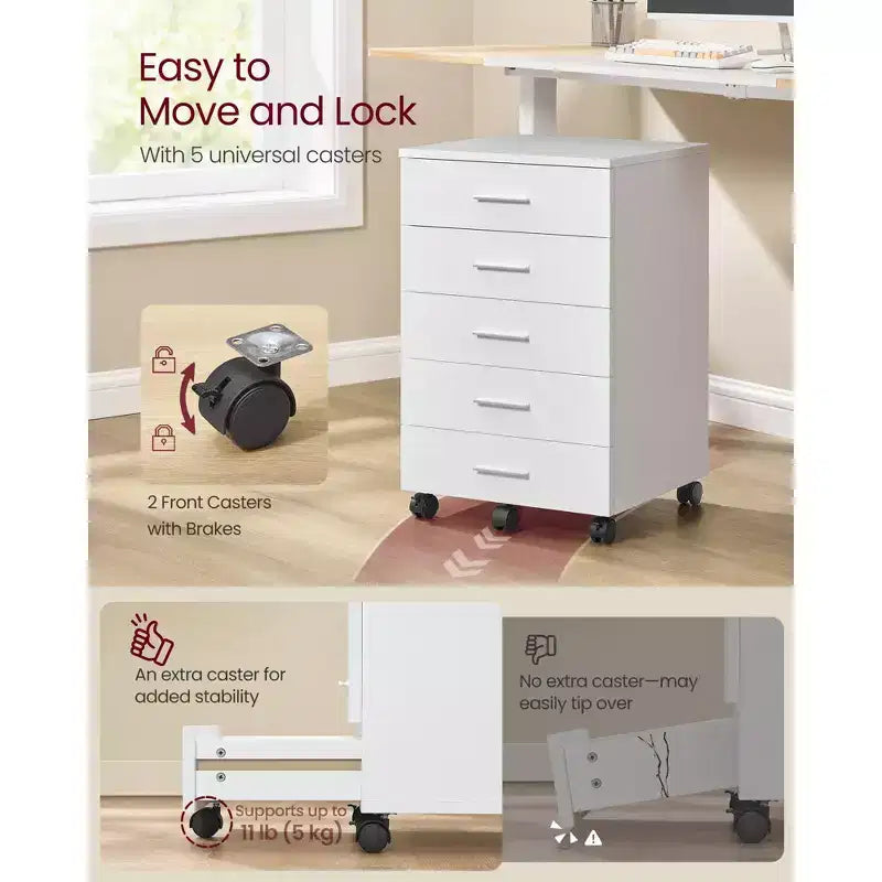 Cassettiera con rotelle, classificatore mobile con rotelle, supporto per stampante con 5 cassetti, guide scorrevoli senza attrezzi
