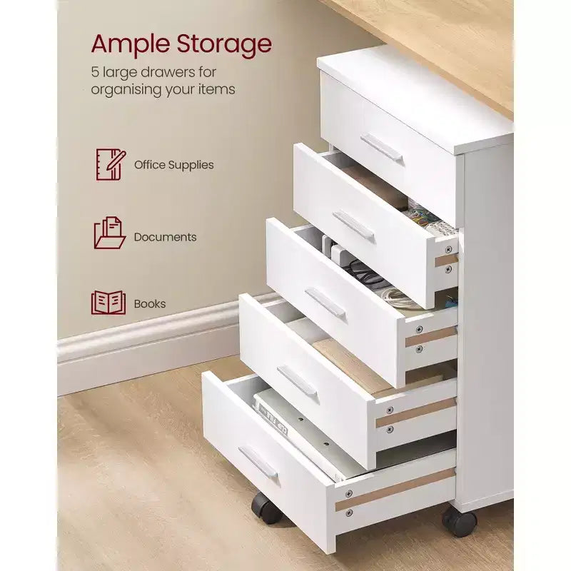 Cassettiera con rotelle, classificatore mobile con rotelle, supporto per stampante con 5 cassetti, guide scorrevoli senza attrezzi