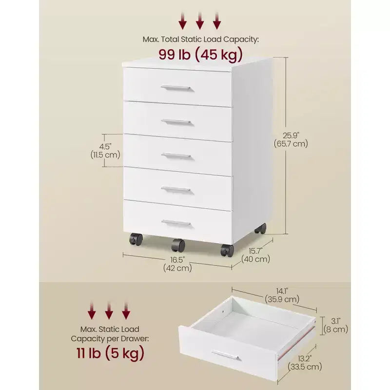 Cassettiera con rotelle, classificatore mobile con rotelle, supporto per stampante con 5 cassetti, guide scorrevoli senza attrezzi