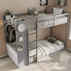 Struttura per letto a castello singolo con 4 cassetti contenitore, barra appendiabiti, mensole integrate e doppia lavagna forata