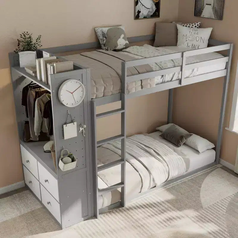 Struttura per letto a castello singolo con 4 cassetti contenitore, barra appendiabiti, mensole integrate e doppia lavagna forata