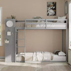 Struttura per letto a castello singolo con 4 cassetti contenitore, barra appendiabiti, mensole integrate e doppia lavagna forata