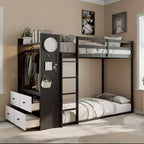 Struttura per letto a castello singolo con 4 cassetti contenitore, barra appendiabiti, mensole integrate e doppia lavagna forata