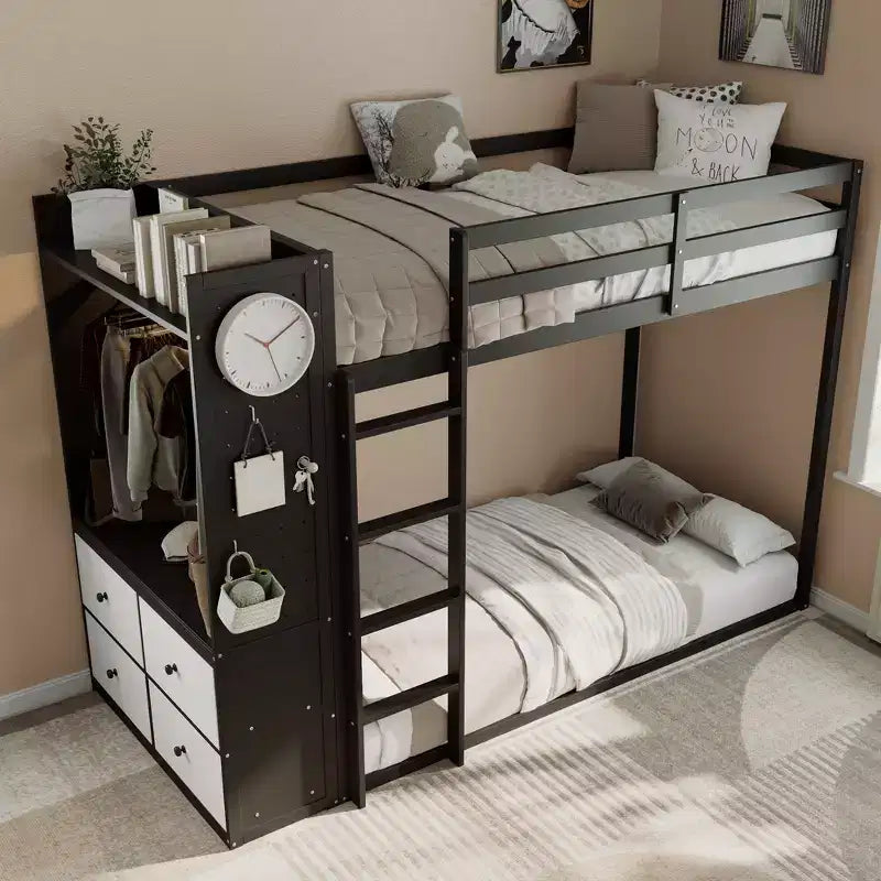 Struttura per letto a castello singolo con 4 cassetti contenitore, barra appendiabiti, mensole integrate e doppia lavagna forata