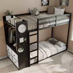 Struttura per letto a castello singolo con 4 cassetti contenitore, barra appendiabiti, mensole integrate e doppia lavagna forata