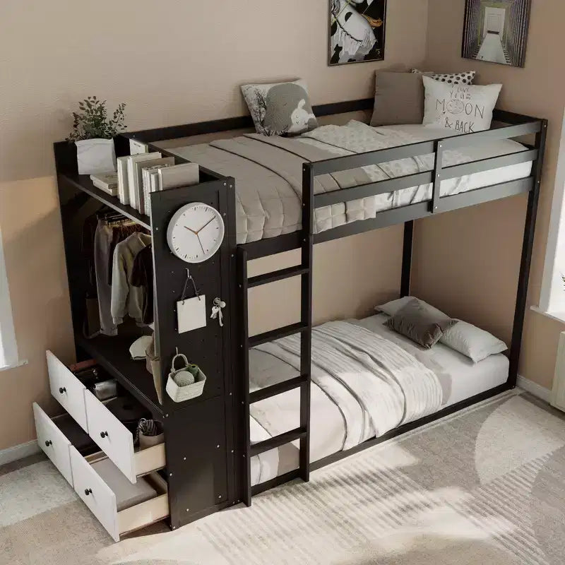 Struttura per letto a castello singolo con 4 cassetti contenitore, barra appendiabiti, mensole integrate e doppia lavagna forata