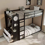Struttura per letto a castello singolo con 4 cassetti contenitore, barra appendiabiti, mensole integrate e doppia lavagna forata