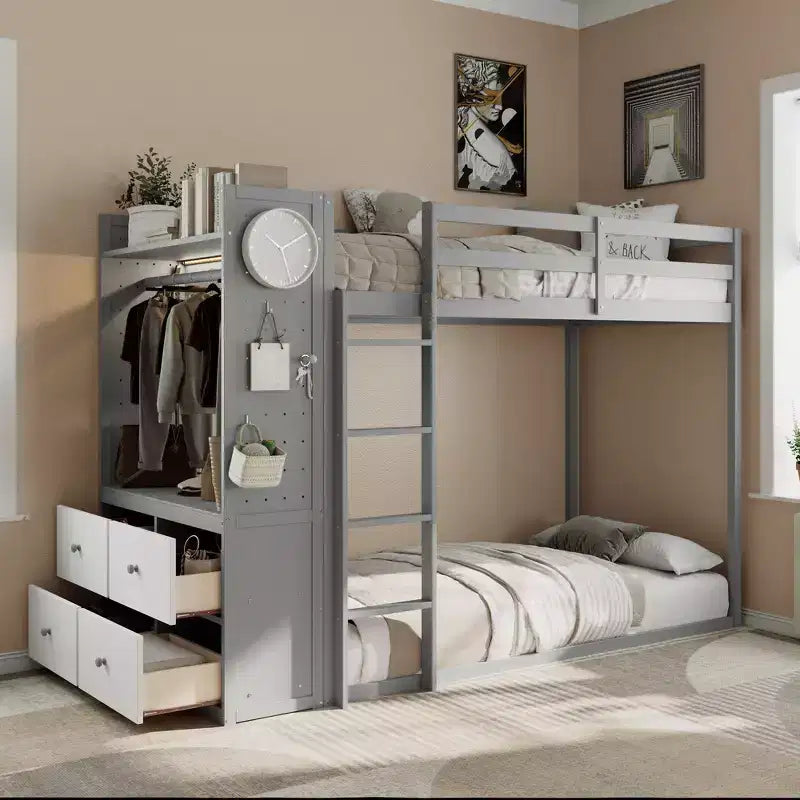 Struttura per letto a castello singolo con 4 cassetti contenitore, barra appendiabiti, mensole integrate e doppia lavagna forata