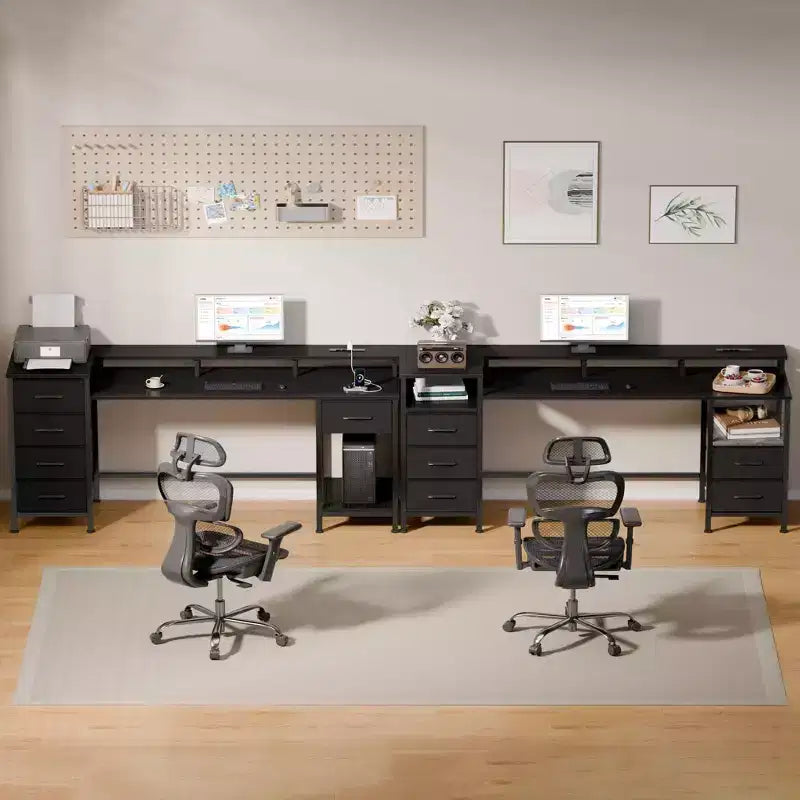 Scrivania per computer nera da 61 pollici con stazione di ricarica, scrivania da gioco con luci LED, reversibile, 5 cassetti in tessuto, tavolo da scrittura per ufficio domestico, archiviazione studio