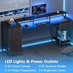 Scrivania per computer nera da 61 pollici con stazione di ricarica, scrivania da gioco con luci LED, reversibile, 5 cassetti in tessuto, tavolo da scrittura per ufficio domestico, archiviazione studio