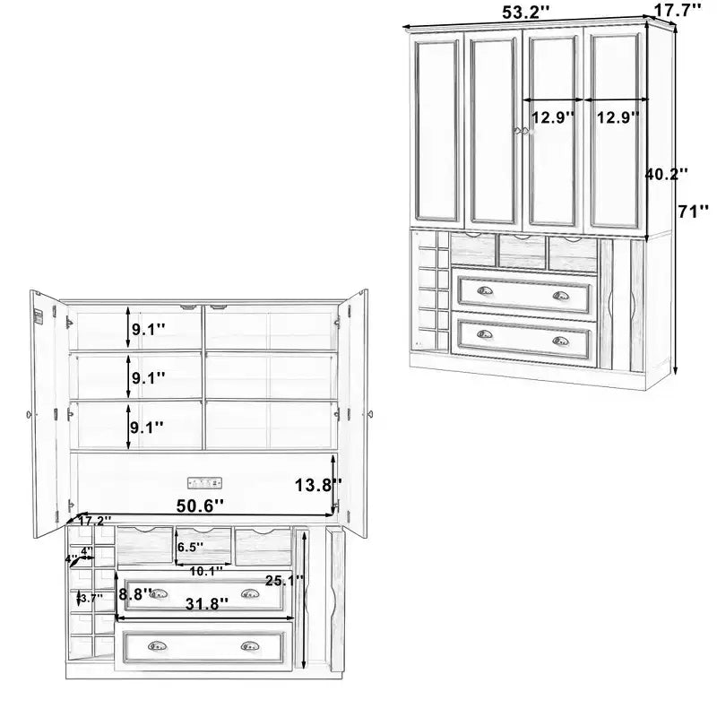 Dispensa da Cucina Autoportante Alta 180 cm, Grande Credenza con Armadietto per la Sala da Pranzo, con 4 Ante Pieghevoli, Ripiani e Portabottiglie