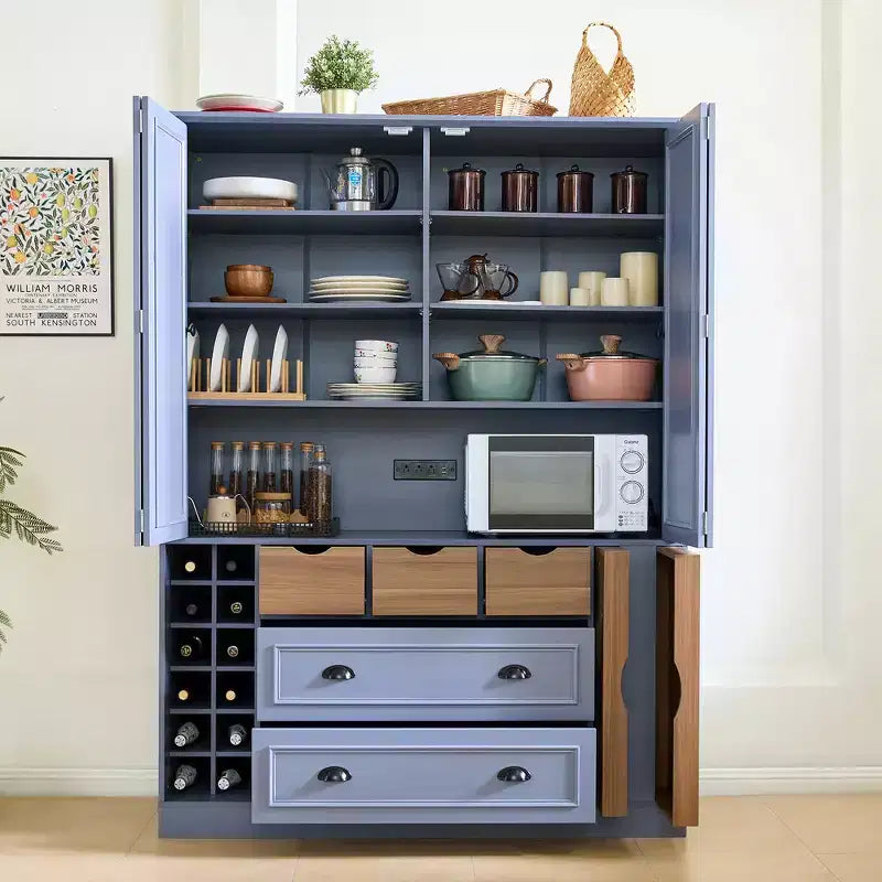 Dispensa da Cucina Autoportante Alta 180 cm, Grande Credenza con Armadietto per la Sala da Pranzo, con 4 Ante Pieghevoli, Ripiani e Portabottiglie