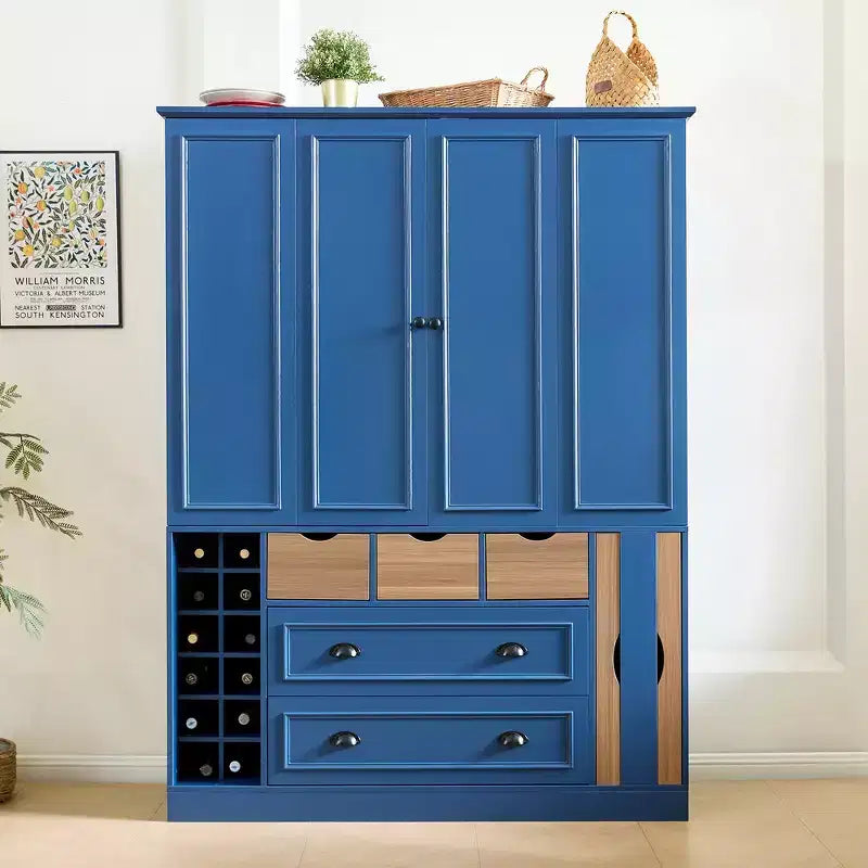 Dispensa da Cucina Autoportante Alta 180 cm, Grande Credenza con Armadietto per la Sala da Pranzo, con 4 Ante Pieghevoli, Ripiani e Portabottiglie