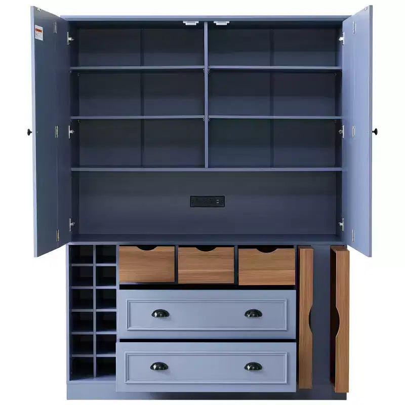 Dispensa da Cucina Autoportante Alta 180 cm, Grande Credenza con Armadietto per la Sala da Pranzo, con 4 Ante Pieghevoli, Ripiani e Portabottiglie