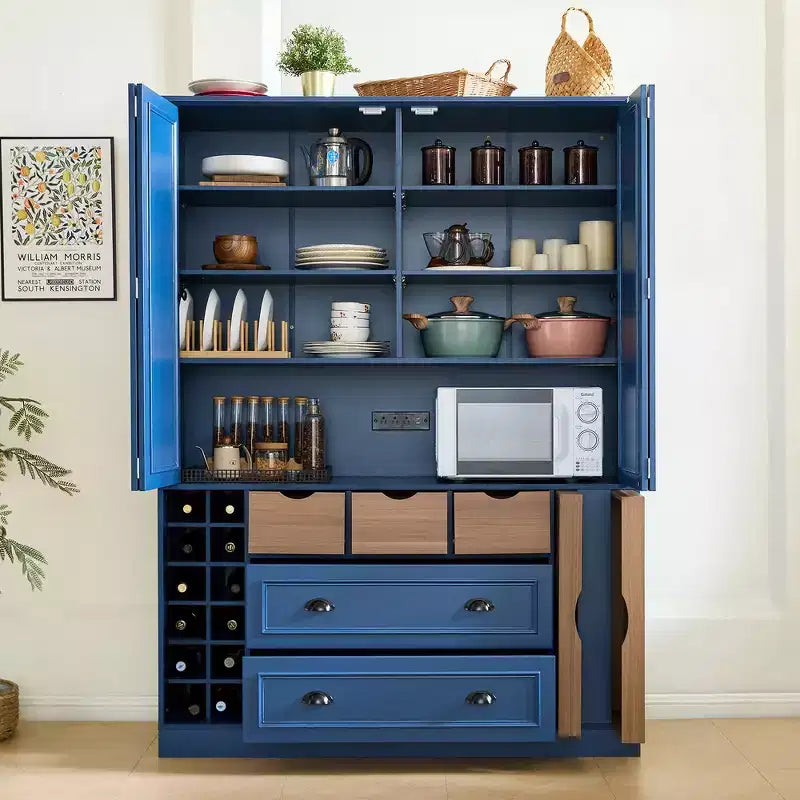 Dispensa da Cucina Autoportante Alta 180 cm, Grande Credenza con Armadietto per la Sala da Pranzo, con 4 Ante Pieghevoli, Ripiani e Portabottiglie