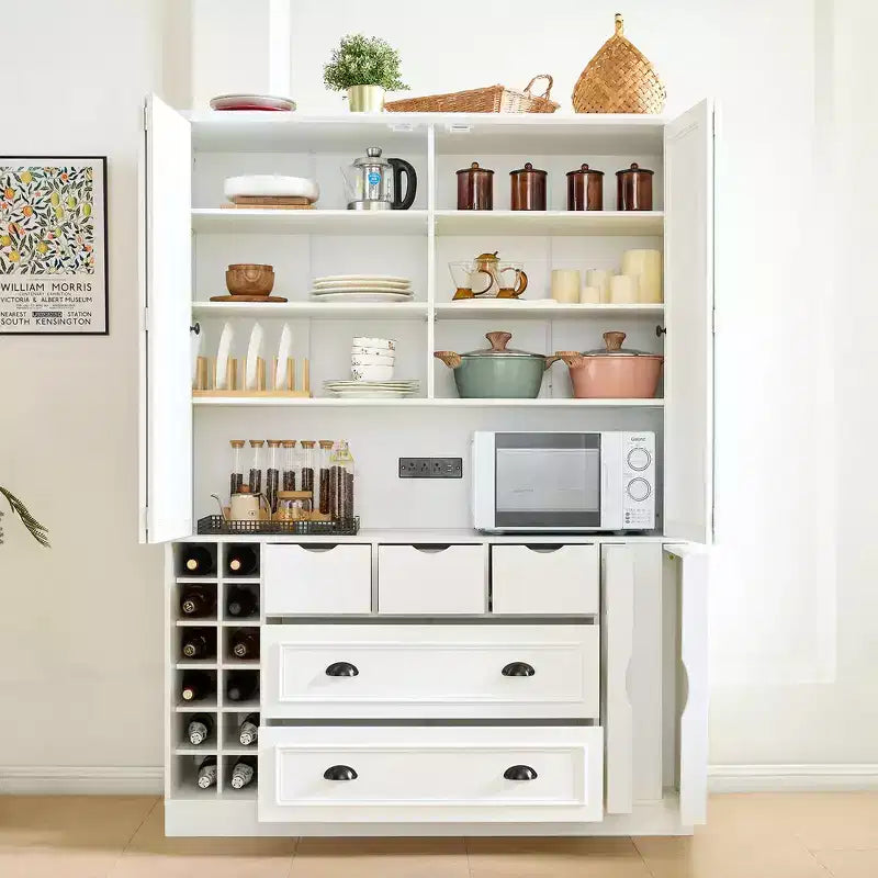 Dispensa da Cucina Autoportante Alta 180 cm, Grande Credenza con Armadietto per la Sala da Pranzo, con 4 Ante Pieghevoli, Ripiani e Portabottiglie