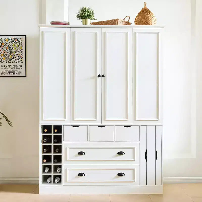 Dispensa da Cucina Autoportante Alta 180 cm, Grande Credenza con Armadietto per la Sala da Pranzo, con 4 Ante Pieghevoli, Ripiani e Portabottiglie