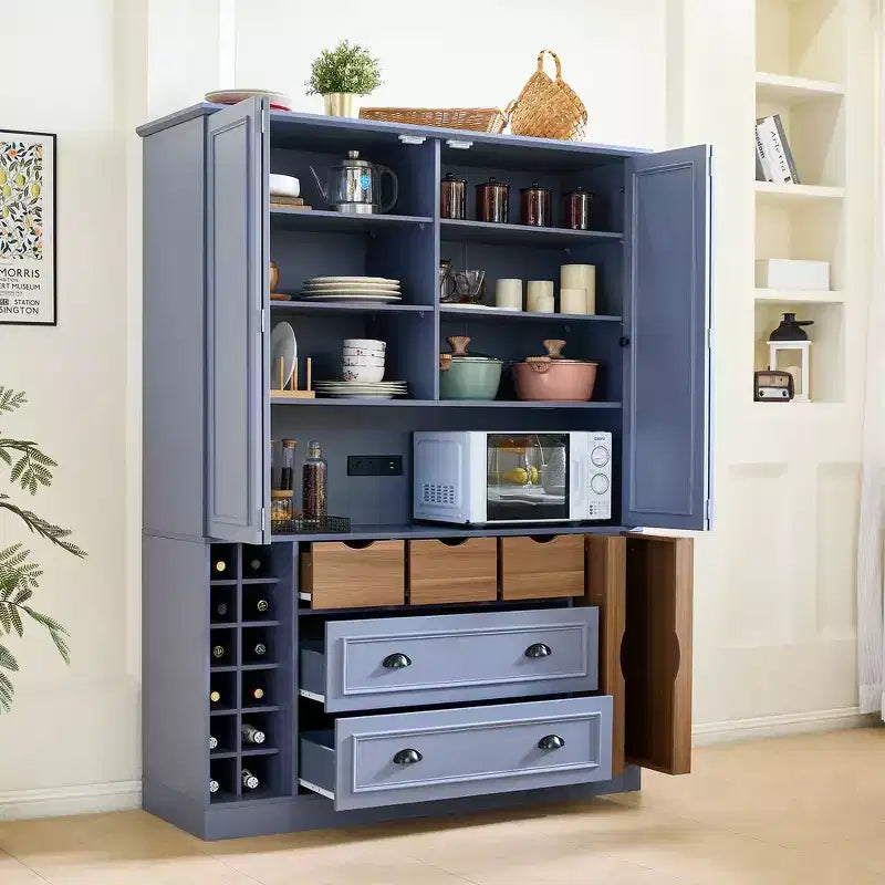 Dispensa da Cucina Autoportante Alta 180 cm, Grande Credenza con Armadietto per la Sala da Pranzo, con 4 Ante Pieghevoli, Ripiani e Portabottiglie