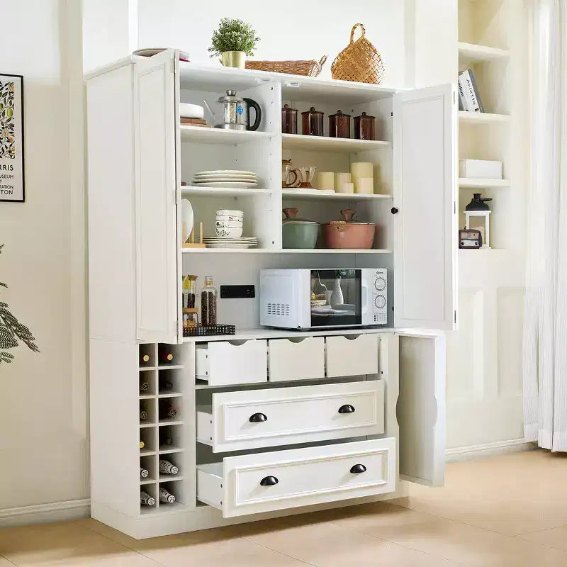 Dispensa da Cucina Autoportante Alta 180 cm, Grande Credenza con Armadietto per la Sala da Pranzo, con 4 Ante Pieghevoli, Ripiani e Portabottiglie