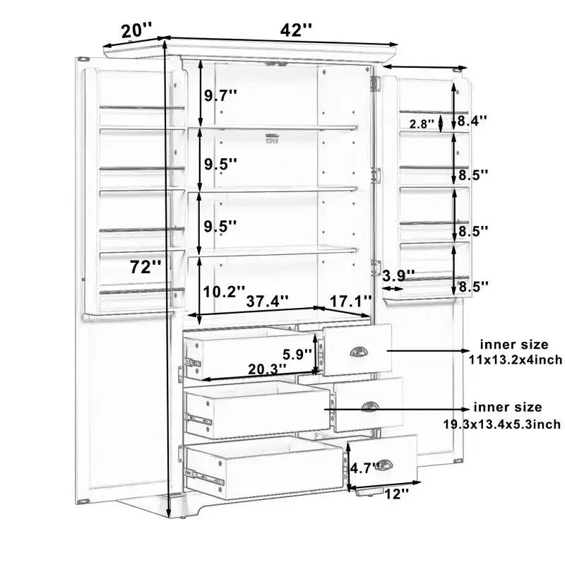 Dispensa da cucina indipendente alta 183 cm, grande armadio da sala da pranzo con ante e ripiani regolabili