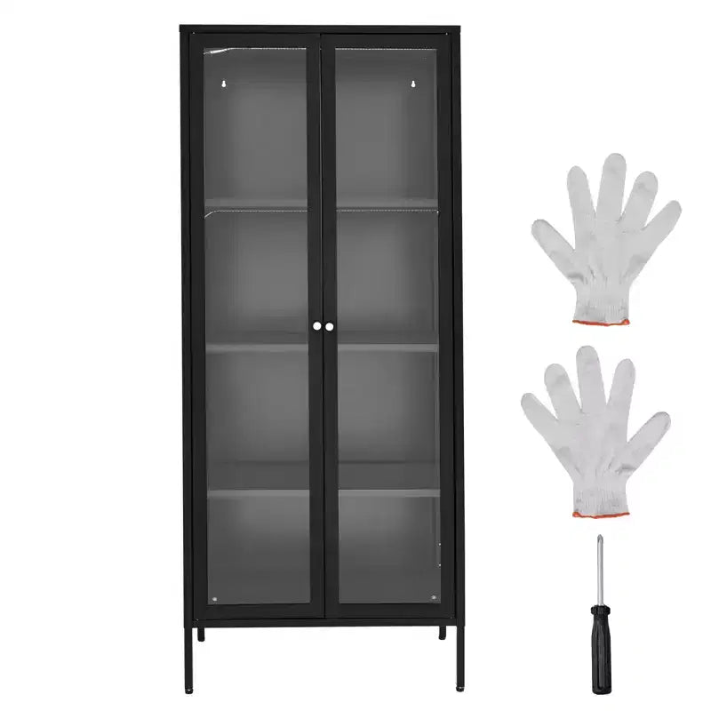 VEVOR Display Cabinet with Glass Door, 66 in Tall 4-Tier Lighted Display Case with 3 Lights, Metal Storage Cabinet 3 Shelves, Black