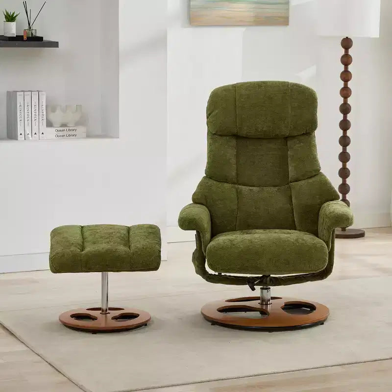 Poltrona reclinabile girevole Mirna ergonomica rivestita in ciniglia con pouf poggiapiedi