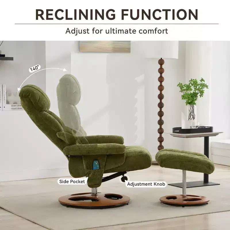 Poltrona reclinabile girevole Mirna ergonomica rivestita in ciniglia con pouf poggiapiedi