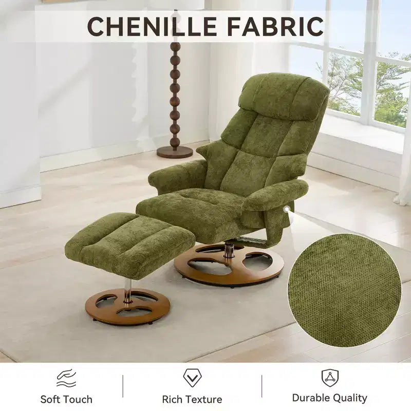 Poltrona reclinabile girevole Mirna ergonomica rivestita in ciniglia con pouf poggiapiedi