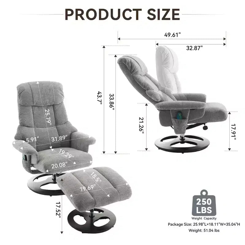 Poltrona reclinabile girevole Mirna ergonomica rivestita in ciniglia con pouf poggiapiedi