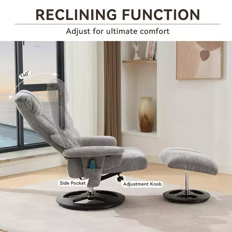 Poltrona reclinabile girevole Mirna ergonomica rivestita in ciniglia con pouf poggiapiedi
