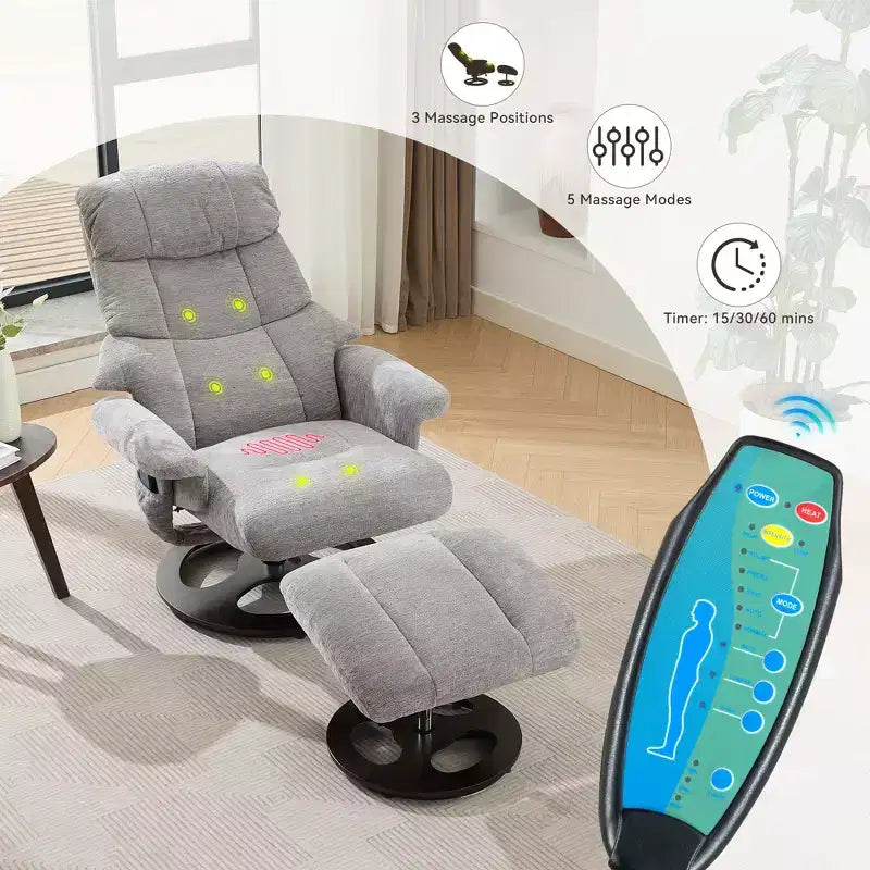 Poltrona reclinabile girevole Mirna ergonomica rivestita in ciniglia con pouf poggiapiedi
