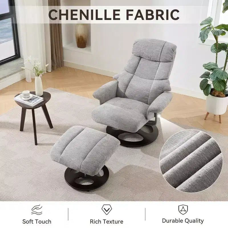 Poltrona reclinabile girevole Mirna ergonomica rivestita in ciniglia con pouf poggiapiedi