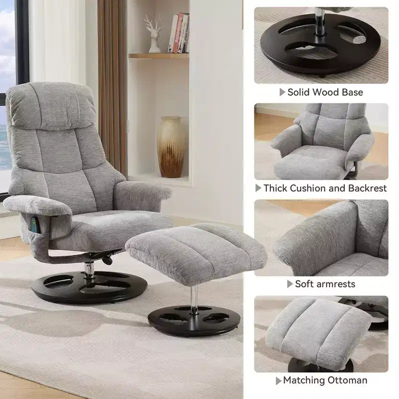 Poltrona reclinabile girevole Mirna ergonomica rivestita in ciniglia con pouf poggiapiedi