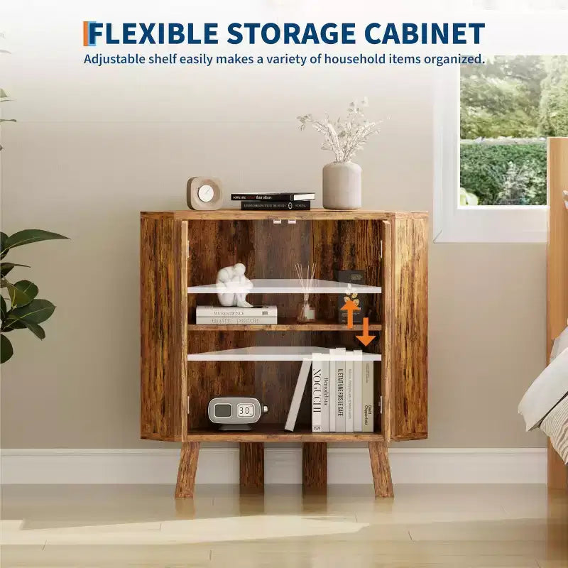 Mobile angolare da fattoria con ripiano regolabile, tavolino angolare industriale a 3 ripiani in legno con ante, tavolino triangolare (80 x 40 x 78 cm)