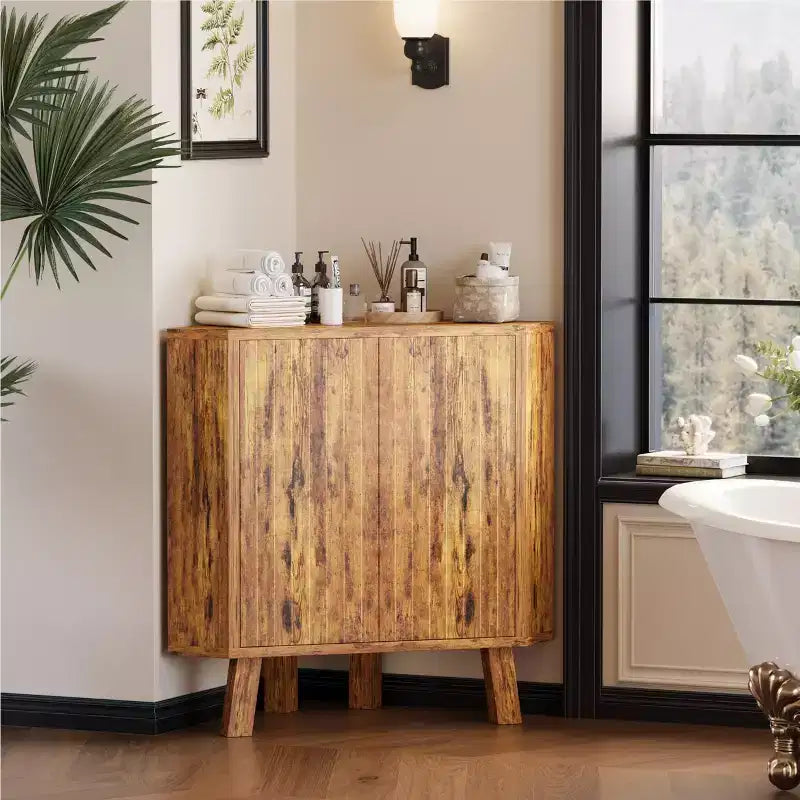 Mobile angolare da fattoria con ripiano regolabile, tavolino angolare industriale a 3 ripiani in legno con ante, tavolino triangolare (80 x 40 x 78 cm)