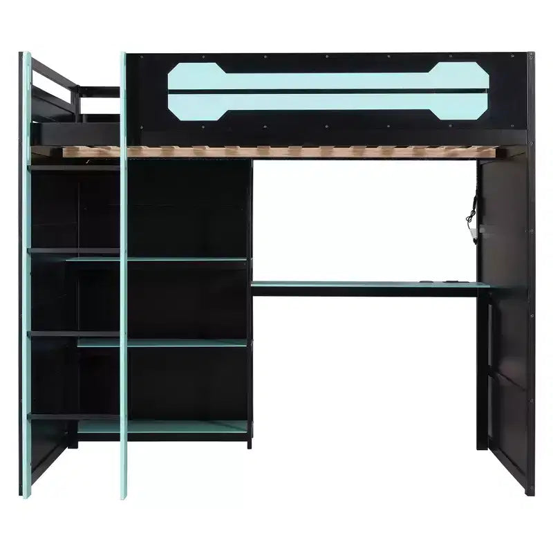 Letto a soppalco da gaming Full Size con mensole, scrivania e luce