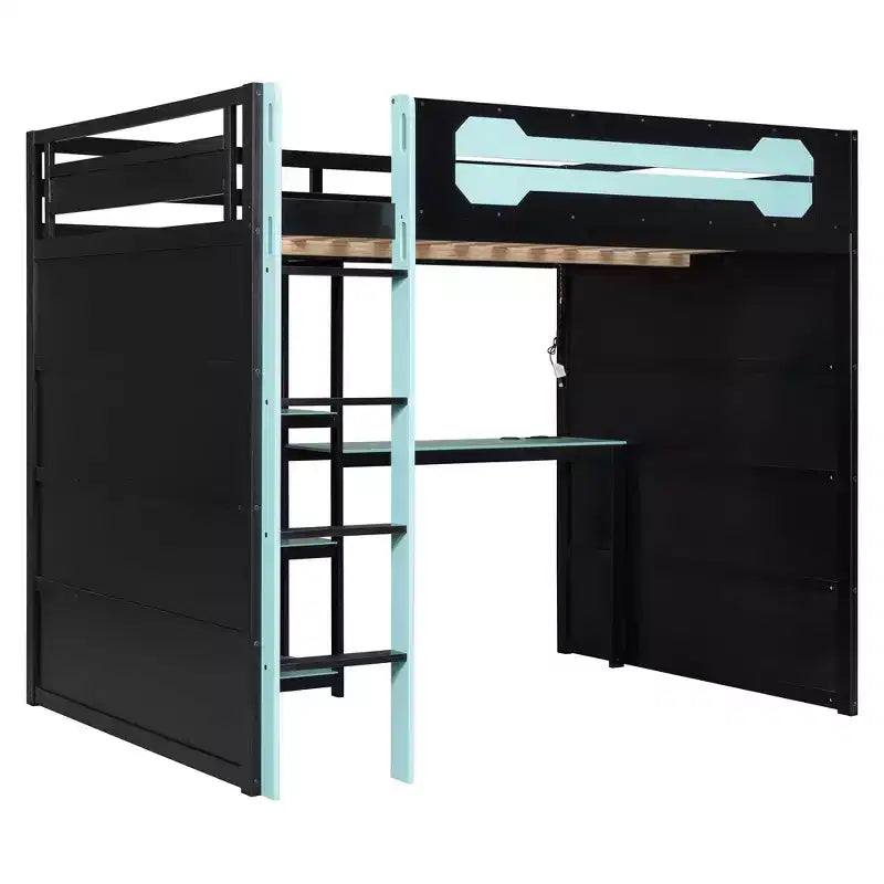 Letto a soppalco da gaming Full Size con mensole, scrivania e luce