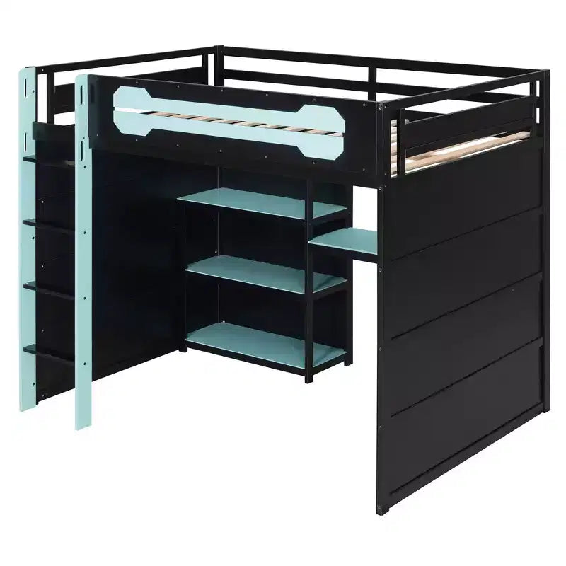 Letto a soppalco da gaming Full Size con mensole, scrivania e luce