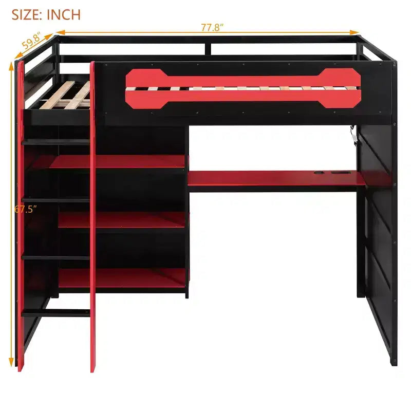 Letto a soppalco da gaming Full Size con mensole, scrivania e luce
