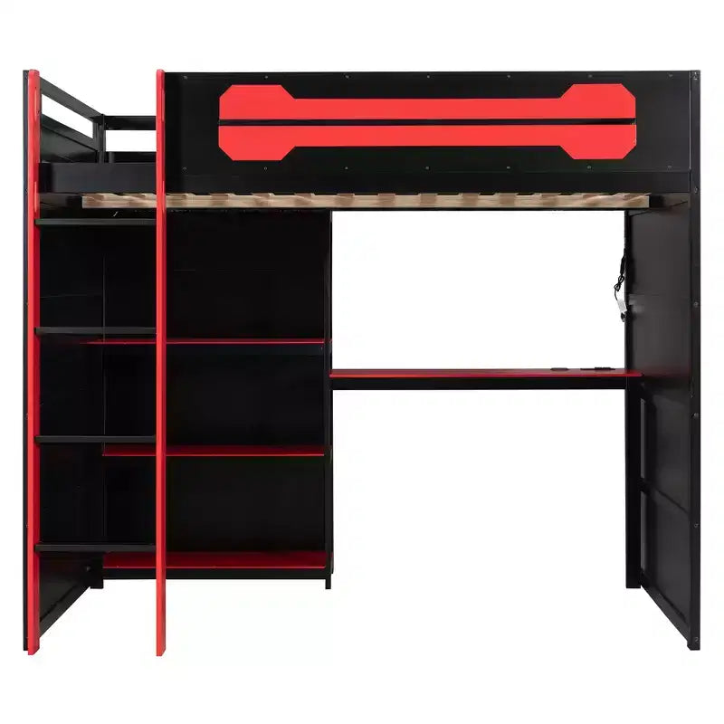 Letto a soppalco da gaming Full Size con mensole, scrivania e luce