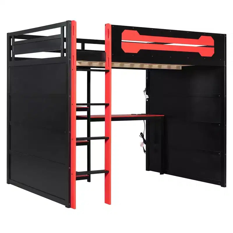 Letto a soppalco da gaming Full Size con mensole, scrivania e luce